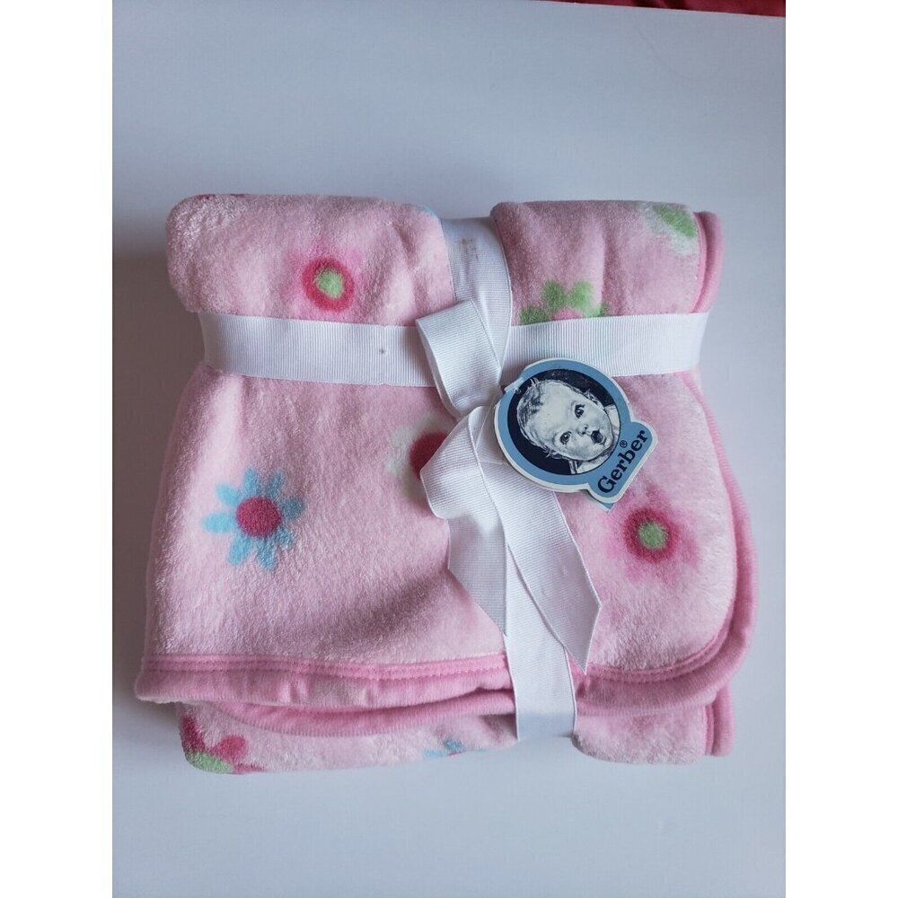 Gerber Pink Baby Blanket Flowers Floral Plush Lovey Security Blankie New 30 40